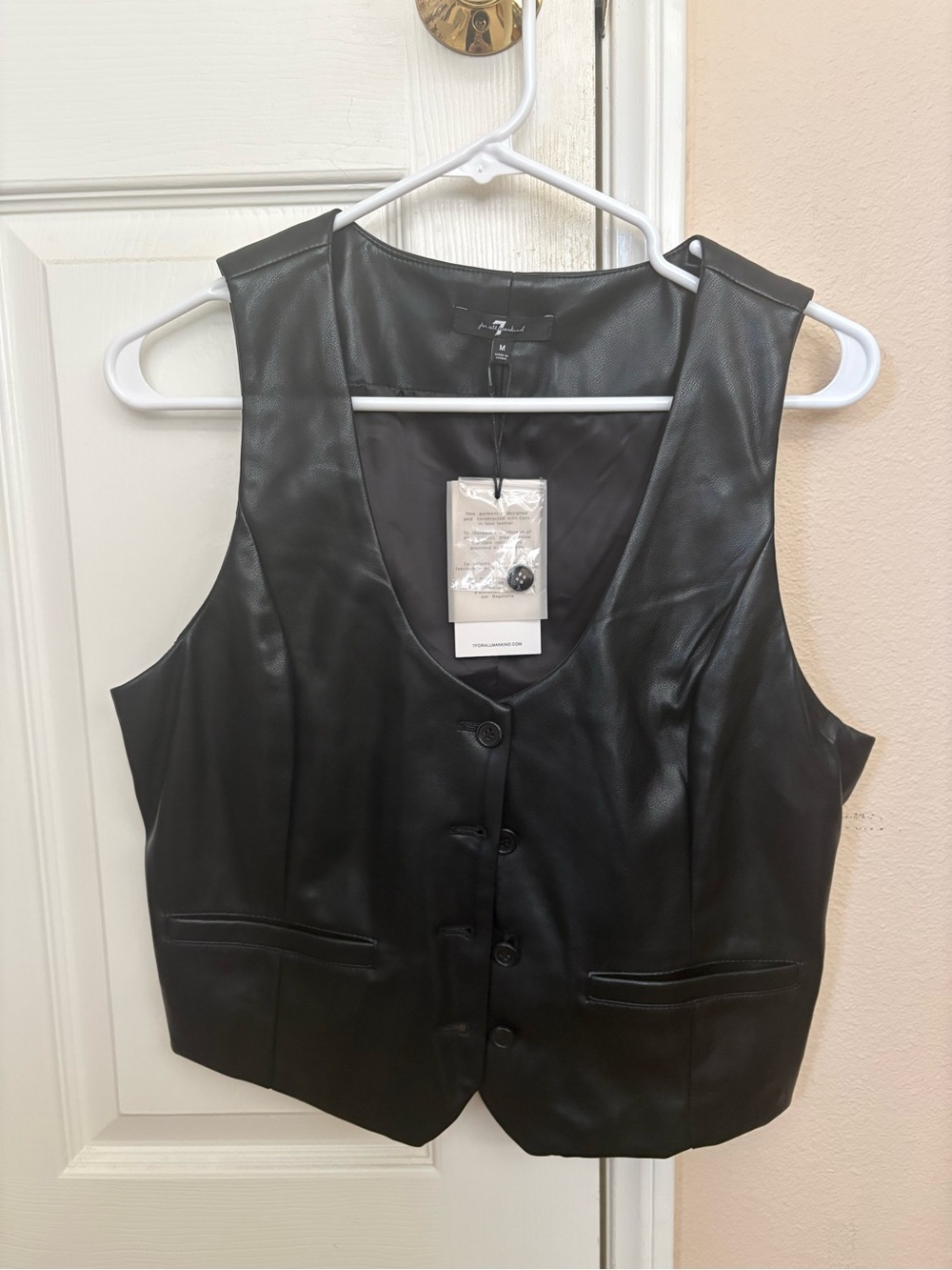 NWT 7 For All Mankind Black Faux Leather Vest Size M Button Front